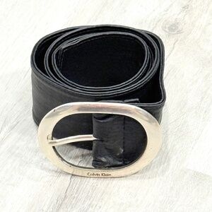 EUC Calvin Klein Man Made Black Leather Belt Silver Buckle Large